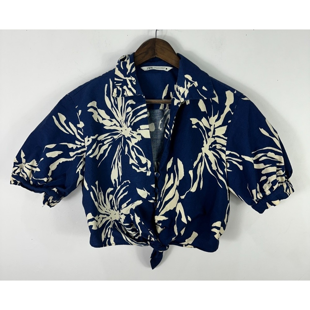 Zara Tie Front Crop Top Womens Medium Blue Floral Botanical Puff Sleeve Beach